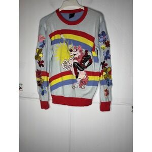 Marvel Deadpool Unicorn Rainbow Graphic Knit Sweater Mens Small Blue Red Floral